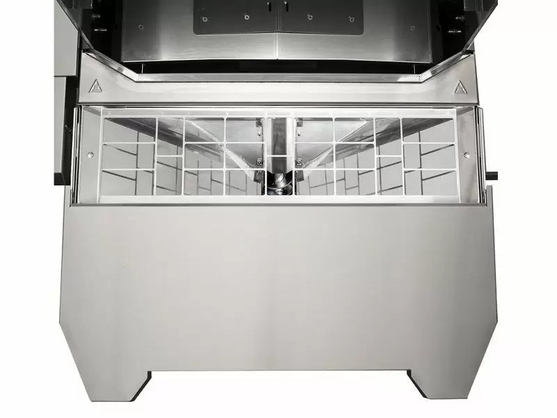 Memphis Grills Elevate Freestanding Pellet Grill W/ Cover bottom view showcasing stainless steel construction and design.