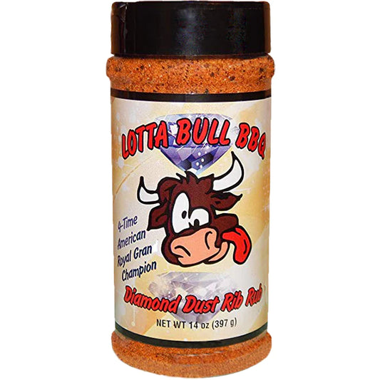 Lotta Bull BBQ Diamond Dust Rib Rub BBQ Seasoning 14 oz for grilling ribs, veggies, and meats, perfect for outdoor cookers.