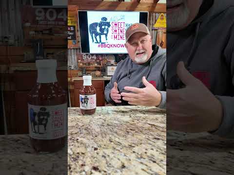 Sweet Sauce O'Mine Lambo Combo Competition Sauce 20oz displayed with a BBQ expert sharing tips in a grill setting.