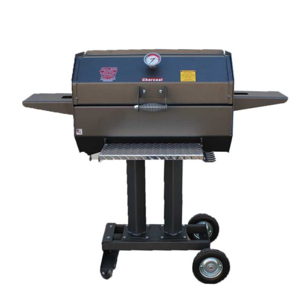 RV Works CC JR Charcoal Grill with thermometer and side shelves for versatile cooking and grilling.