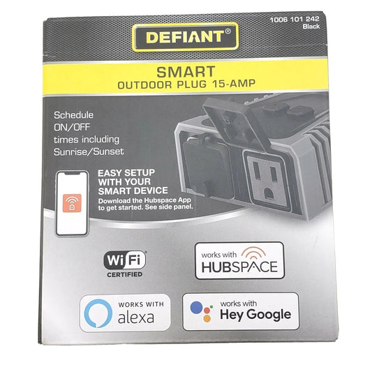 Defiant Outdoor Smart Plug 15 Amp WiFi Double Outlet Hubspace Smart Device packaging with features and specifications.