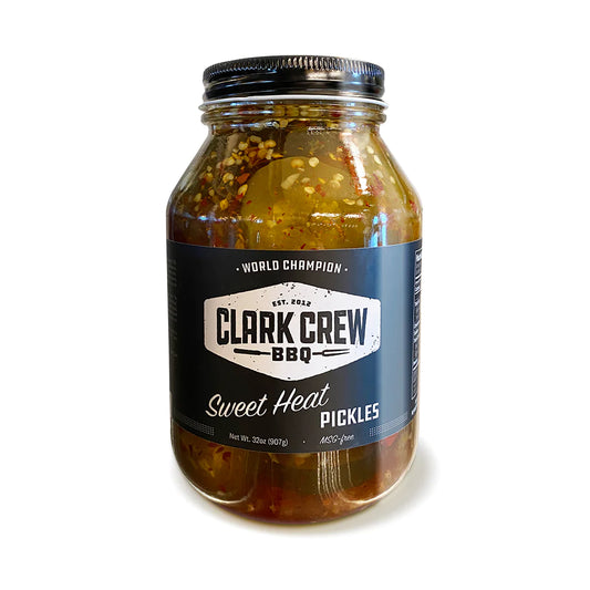 Clark Crew BBQ Sweet Heat Pickles 32 oz. jar, a tasty addition to your outdoor grills, BBQ accessories, and cooking tools.