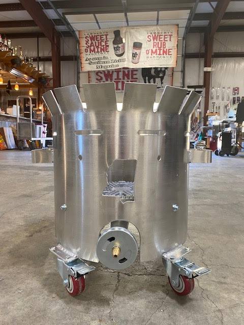 28 Gallon Windproof Aluminum Roll Around Stand for grills smokers and cookers with wheels and brakes, ideal for outdoor BBQ.