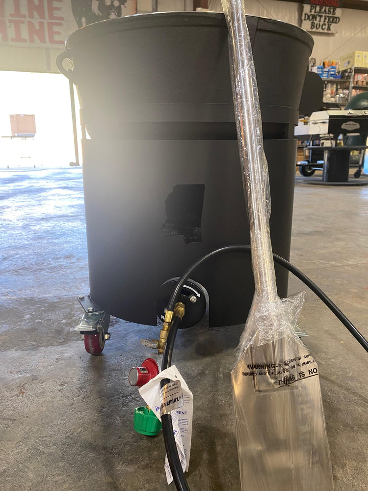 15 Gallon Windproof Steel Roll Around Combo with wheels and gas regulator for outdoor grills and BBQ accessories.