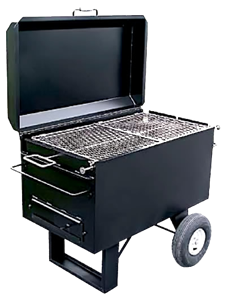 Meadow Creek BBQ-42 Charcoal Chicken Cooker with open lid, ideal for BBQ and outdoor grilling enthusiasts.