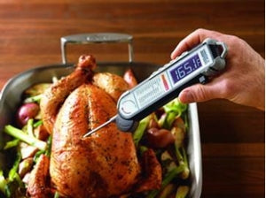 Maverick Professional Instant Read Handheld Thermometer PT-100 BBQ measuring chicken temperature in cooking pan.