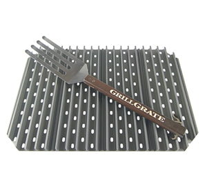 Grillgrate PK 360 set featuring a grilling accessory fork on top of aluminum GrillGrates, perfect for outdoor grills.