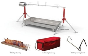 PigOut Roasters Ultimate Charcoal Rotisserie with accessories including meat tray, carrying bag, and carving stand.