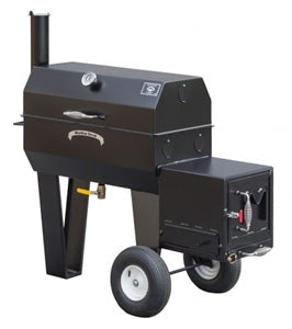 Meadow Creek SQ 36 with charcoal grilling pan and vinyl cover showcasing its offset smoker design and mobile features.