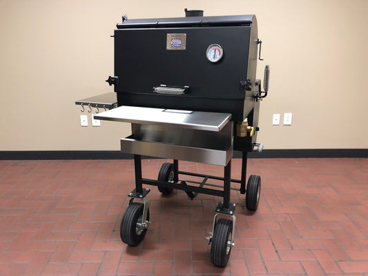 American Barbecue Systems All Star Smoker with stainless steel racks and grilling surface for outdoor cooking.