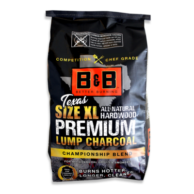 B&B xl Texas size premium lump charcoal 24lb bag for grilling, smokers, and cookers, burns hotter and longer.