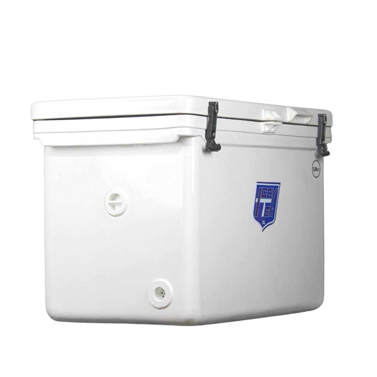 ICEY-TEK 120 Quart Cooler ( FREE SHIPPING ) side view showing durable roto-molded design and secure lid latches.