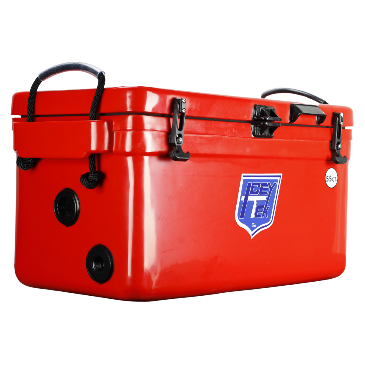 ICEY-TEK 55 Quart Cooler (FREE SHIPPING) in bright red, perfect for outdoor grilling and camping adventures.