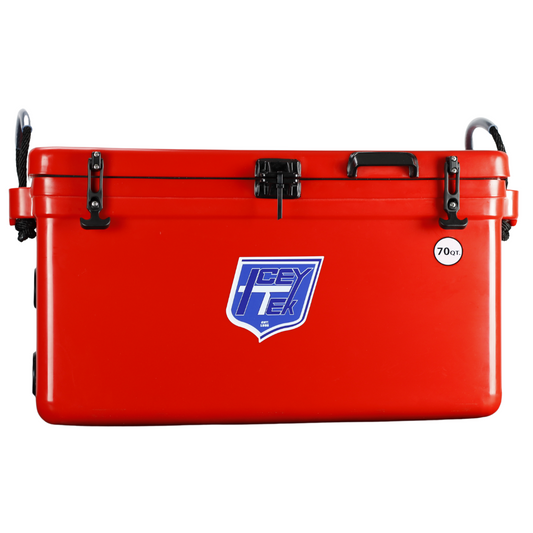 ICEY-TEK 70 Quart Cooler (FREE SHIPPING) in bright red color, ideal for outdoor grills and camping trips.
