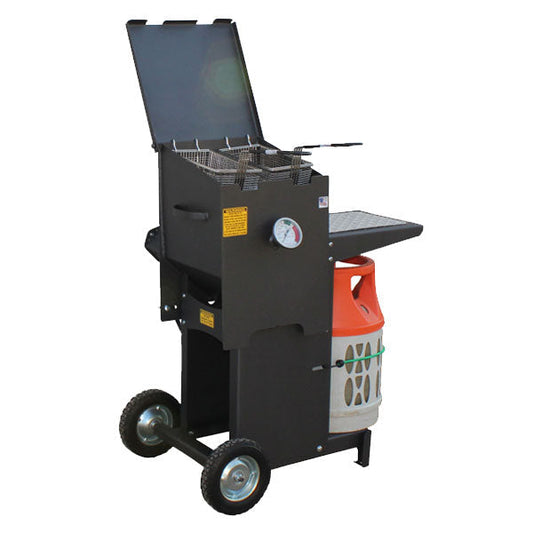 Cajun Fryer 2 basket 4 gallon Propane Gas Fryer with stand FF2R ready for outdoor cooking and backyard BBQ.