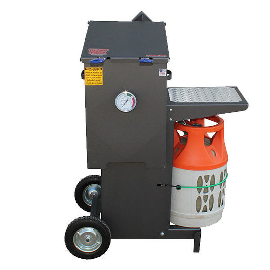 Cajun Fryer 2 Basket, 6 Gallon Propane Gas Fryer with stand FF2S featuring liquid propane tank and cart for outdoor cooking.