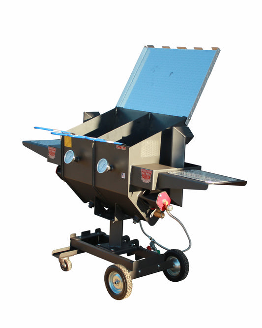Cajun Fryer Propane Gas Fryer FF4-D 12 gallon divided on wheels with dual baskets for easy outdoor cooking.