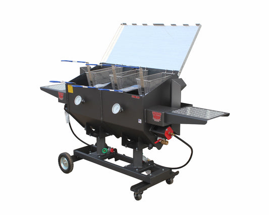 Cajun Fryer FF6R 17 gallon, 6 basket lp gas fryer with multiple baskets for frying different foods simultaneously.