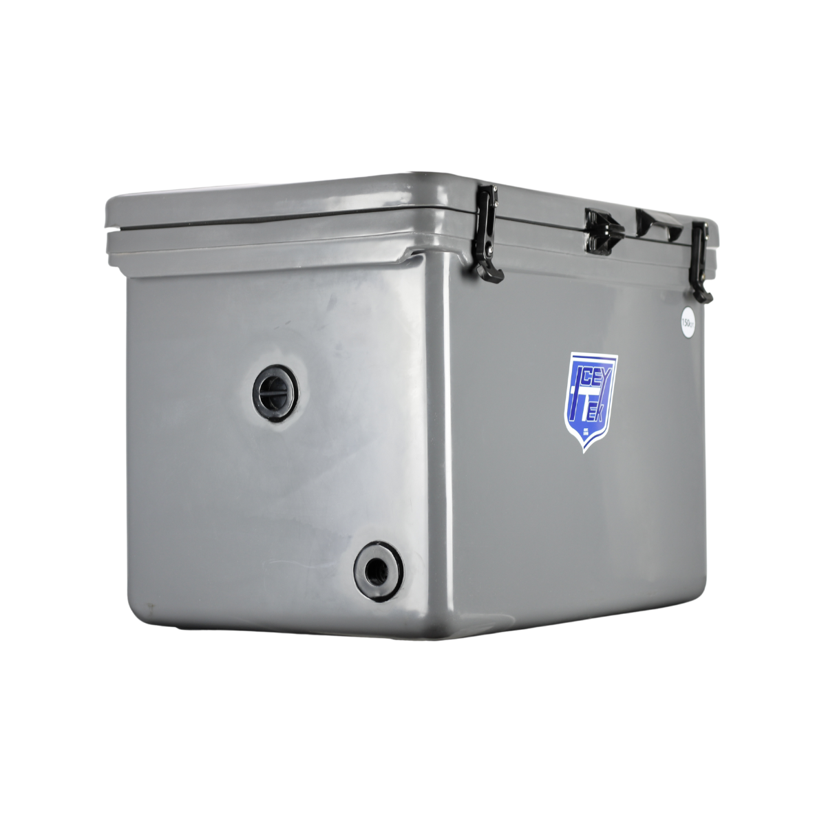 ICEY-TEK 150 Quart Cooler (FREE SHIPPING) in gray with dual-skin temperature retention technology and UV-resistant latches.