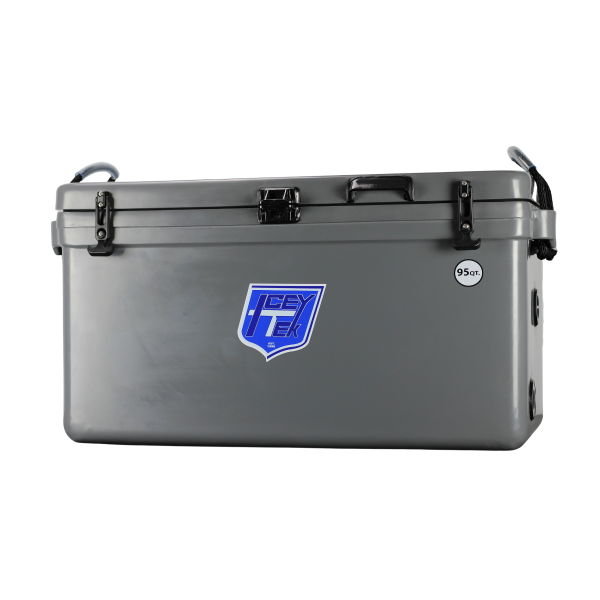 ICEY-TEK 95 Quart Cooler (FREE SHIPPING) in grey, ideal for camping, grilling, and outdoor adventures.