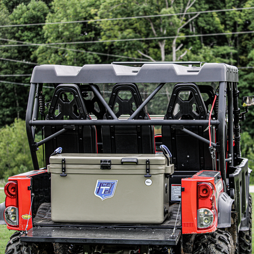 ICEY-TEK 70 Quart Cooler (FREE SHIPPING) loaded in off-road vehicle for outdoor adventures.