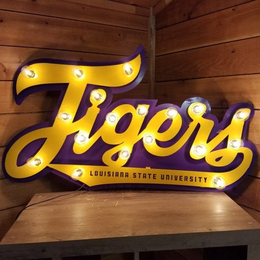 Gameday Ironworks LSU 3D Lit Sign featuring illuminated 'Tigers' logo, perfect for grills, smokers, BBQ accessories.