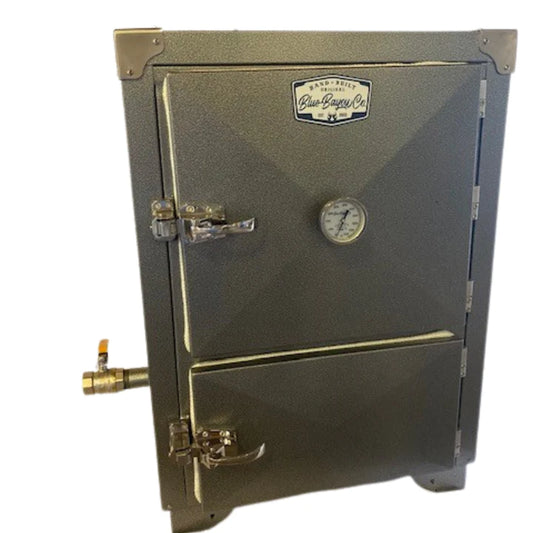 Blue Bayou Smokers Cou- Yon Gator smoker featuring insulation, temperature gauge, and stainless steel design.