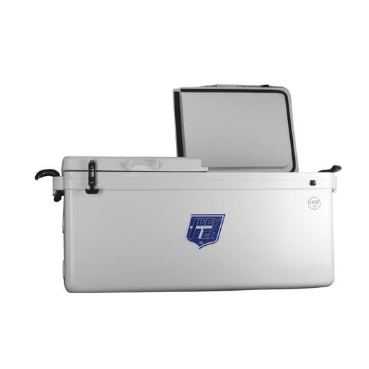 ICEY-TEK (FREE SHIPPING) 125 QT Cooler Split Lid With Permanent 50/50 Divider DL2 for outdoor grilling and BBQ.