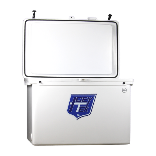 ICEY-TEK 300 Quart Cooler (FREE SHIPPING) opened showcasing spacious interior for drinks and food.