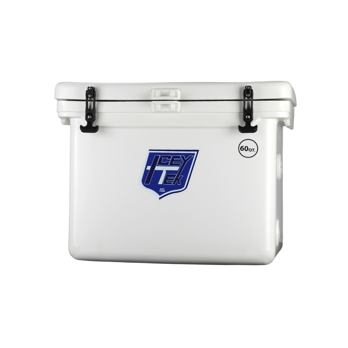 ICEY-TEK 60 Quart Cooler (FREE SHIPPING) displayed in white with metal latches, ideal for camping and backyard BBQs.