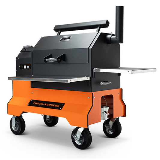 Yoder YS-640 Pellet Smoker with Comp Cart & Drawer System (Orange) for grilling and smoking meats.