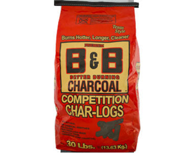 B&B Charcoal Char-Logs 30 lb bag for grills, smokers, and cookers; perfect grilling fuel for BBQ enthusiasts.