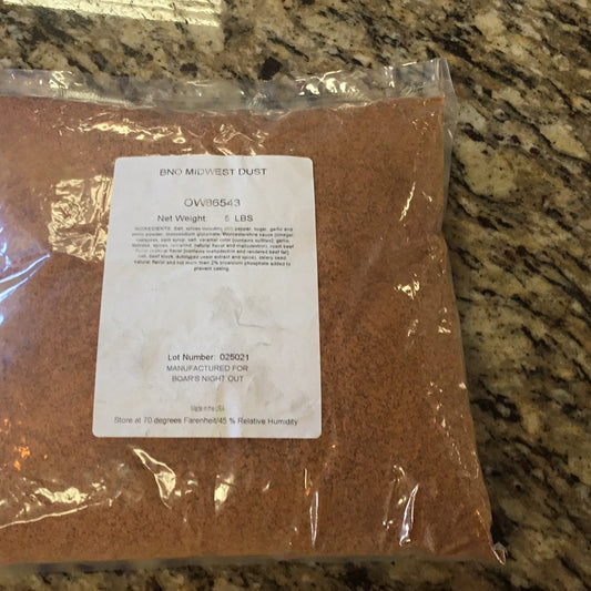 Boars Night Out Midwest Dust 5# Bag for grilling, BBQ rubs, and competition BBQ gear, perfect for grills and smokers.