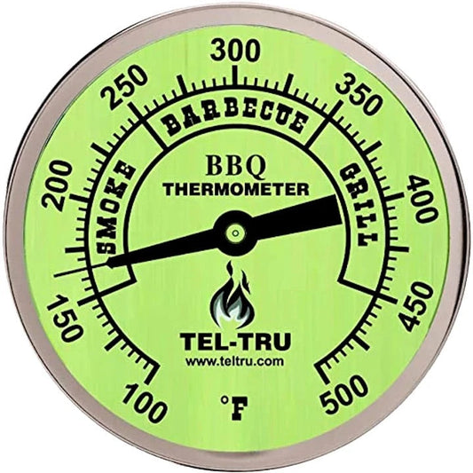 Tel-Tru BQ300 BBQ thermometer for grills smokers and cookers with glow dial and 100/500°F range.