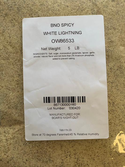 Boars Night Out SPICY White Lightening 5 lb bag packaging featuring ingredients and nutrition facts for BBQ enthusiasts.
