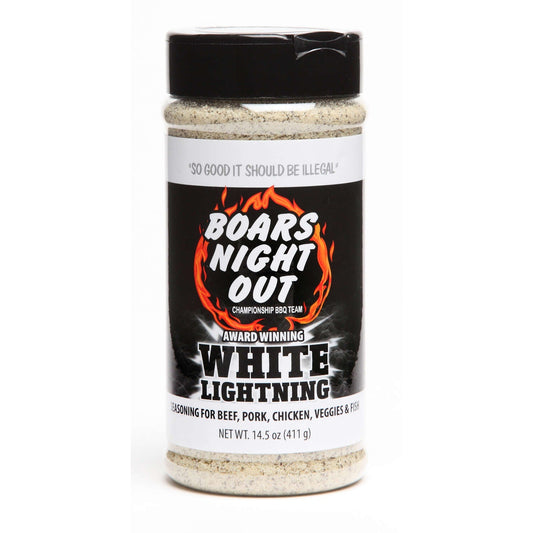 Boars Night Out White Lightning seasoning for beef, pork, chicken; BBQ rub perfect for grills, smokers, and cookers.