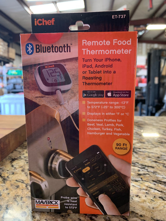 Maverick remote food thermometer ET-737 for grilling, displays temps for meats, range up to 90 ft, ideal for BBQ enthusiasts.