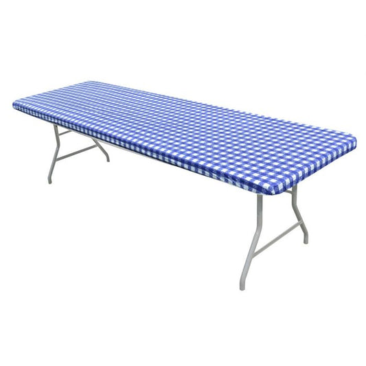 KwikCover 8’ Blue/White Gingham fitted table cover ideal for outdoor grills, BBQ setups, and smoker accessories.