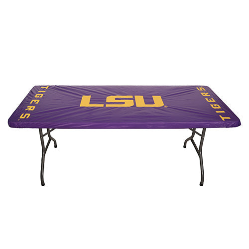 KwikCover 6’ with LSU Tigers logo on a fitted table cover, ideal for barbecue events and outdoor grills.