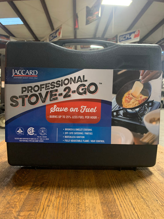 Jaccard Professional stove-2-go featuring adjustable flame heat control for grills smokers and cookers, perfect for catering.