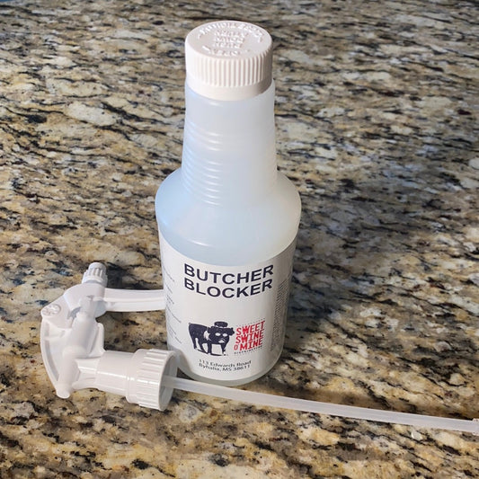Butcher Blocker Cleaner one pint with sprayer for cleaning cutting boards and BBQ accessories, essential for grills, smokers, and cookers.