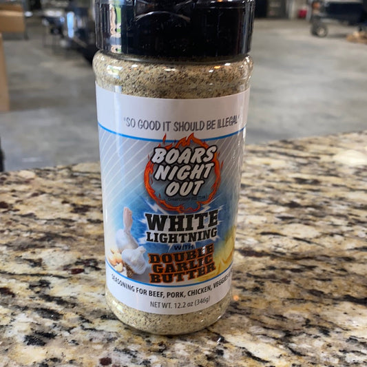 Boars Night Out White Lightning Double Garlic Butter seasoning for grills smokers and cookers, perfect for beef and pork.