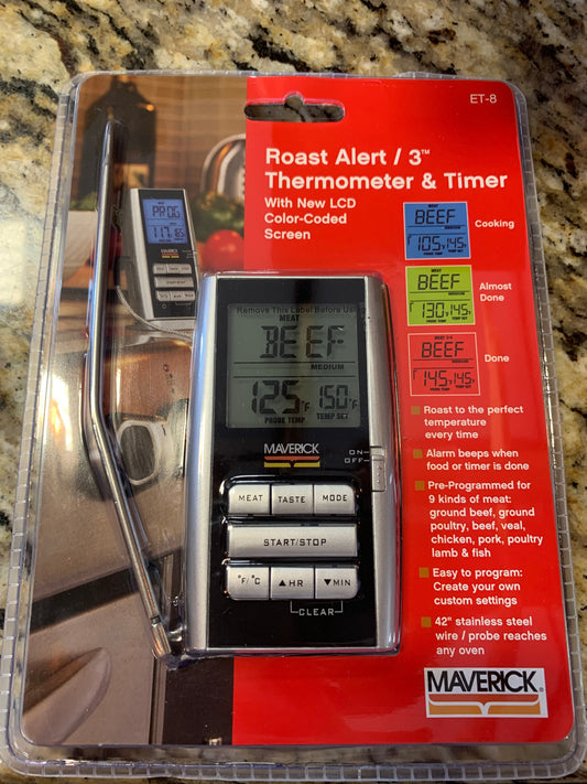 Maverick Roast Alert/3 Thermometer & Timer (w/ new LCD Color-Coded Screen) ET-8 for meat cooking and grilling tools.