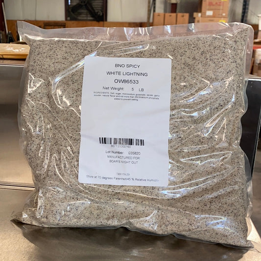 Boars Night Out Double Garlic Butter White Lightning 5# bag for grills smokers and cookers, perfect for BBQ rubs and marinades.