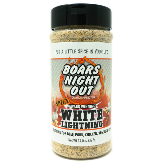 Boars Night Out Spicy White Lightning seasoning for grilling on grills smokers and cookers, perfect for beef, pork, chicken, and veggies.