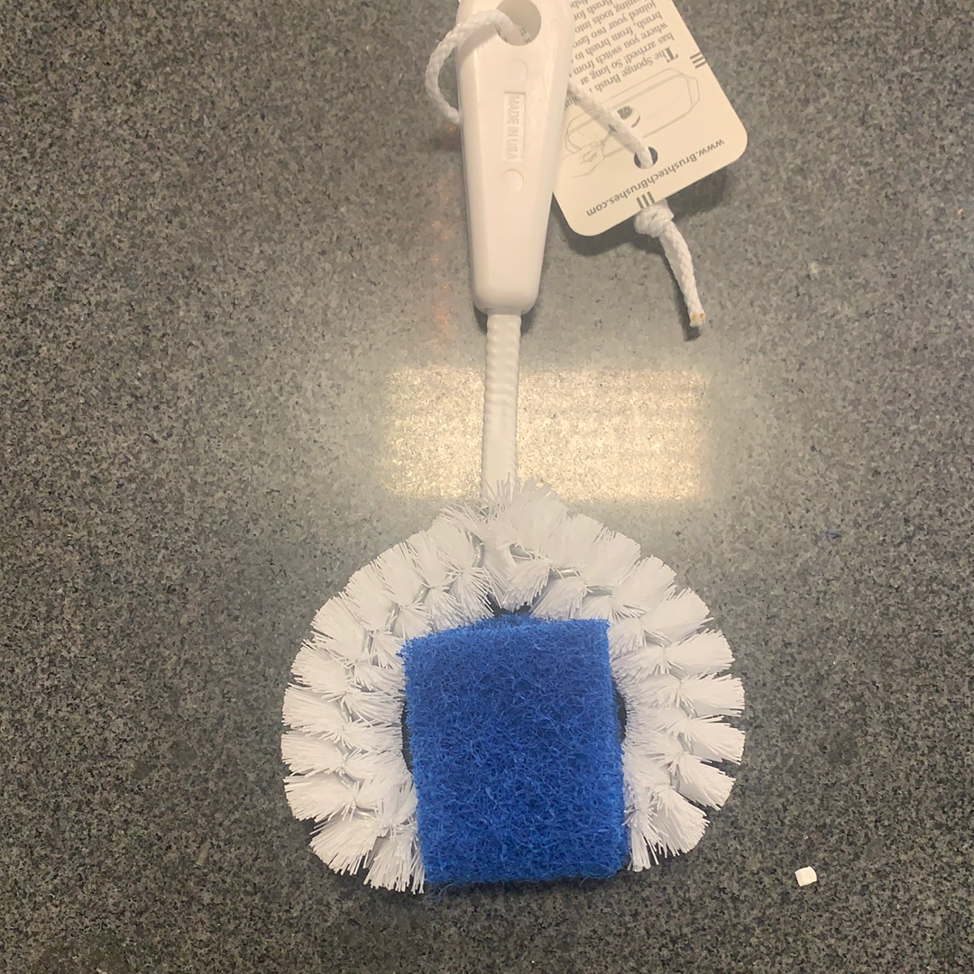 Brushtech The Sponge Brush for the Kitchen Sink #B100C with stiff bristles and blue scrub pad.