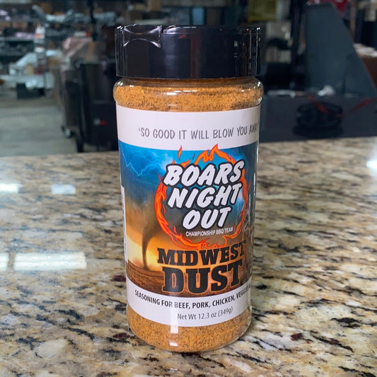Boars Night Out Midwest Dust seasoning for grills, smokers and cookers, perfect for beef, pork, chicken, and fish.