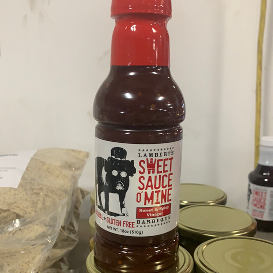 Sweet Sauce O' Mine Sweet & Spicy Vinegar 18 oz bottle for BBQ, grills, smokers, and cooking enthusiasts.