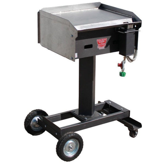 R&V Works CBG REG 20” Stainless Steel flat griddle on wheeled stand for grilling, BBQ accessories, and outdoor cooking.