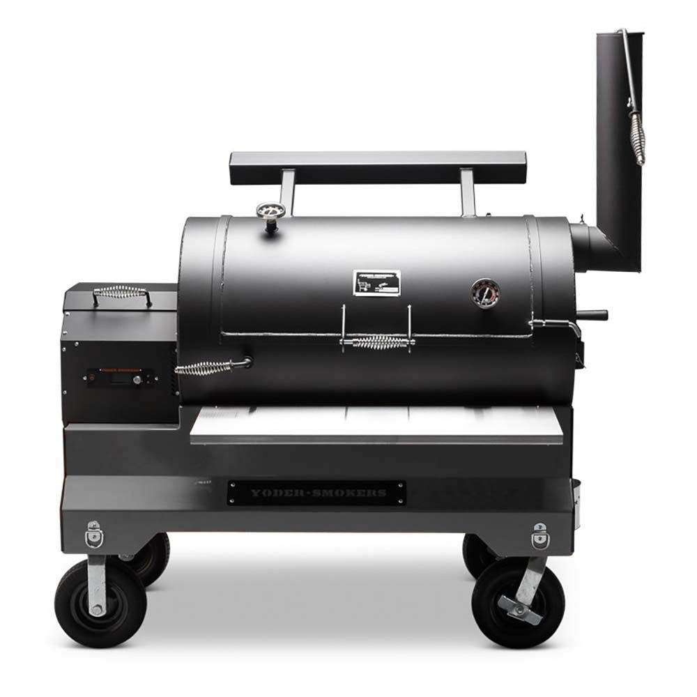 Yoder YS-1500s Comp Cart Silver side view showcasing durable build, designed for precision grilling and smoking.